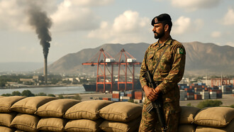 A Pakistani soldier stands guard overlooking an industrial port, reflecting the country’s complex intersection of security, economy, and global pressures
