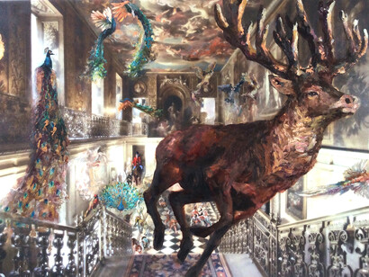 Nicole Etienne, Untitled, 2015, 47 inches hight by 71 inches wide, oil paint, copper leaf, on photo of Chatsworth house interior on glitter canvas