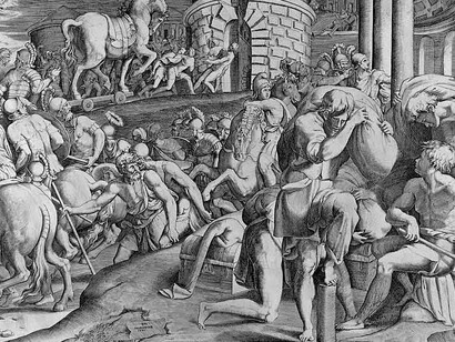 The Trojans hauling the wooden horse into Troy, print, Giulio Bonasone, after Francesco Primaticcio (MET, 49.95.289)