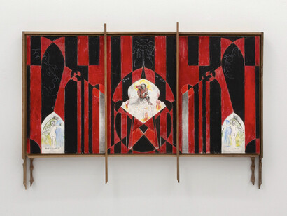 Harry Gould Harvey IV, M?n Mad With Fear Reconciliation of the Source ⒶftⒺr Courbet, 2021, colored pencil, charcoal on archival mat board, MDF, walnut from the Newport Mansions, 23x33x2 inches. Courtesy the artist and No Gallery, NYC