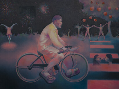 Wo Xinyu, It's a Wonderful Wonderful Life, 2022, oil on canvas, 24x36 inches. Courtesy of the artist and VillageOneArt Gallery