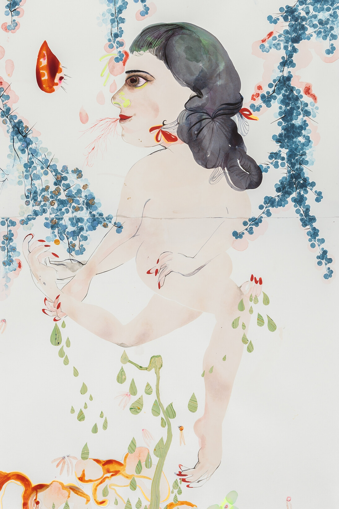 Rina Banerjee, Petty crime, shame on her mind, 2014, Acrylique et encre sur papier aquarelle, 152,4 x 55,9 cm, Courtesy de l’artiste et Galerie Nathalie Obadia, Paris/Bruxelles