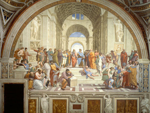 The School of Athens, a fresco by the Italian Renaissance artist Raphael, painted between 1509 and 1511 decorating the rooms now called the Stanze di Raffaello in the Apostolic Palace in Vatican City