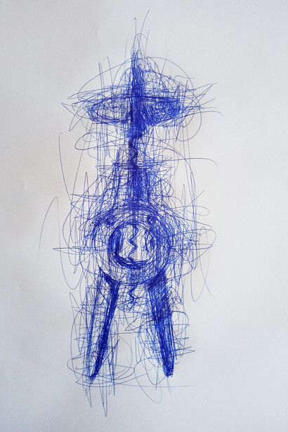Antonio Riello, Confined Tool 14, 2020, A3 size, penna biro Bic blu su carta
