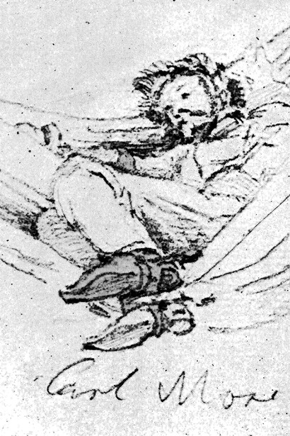 Dibujo al creyón de Ferdinand Bellermann donde se muestra a Karl Moritz descansando en una hamaca