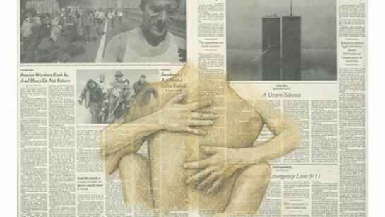 Robert Gober, September 12, 2005–9, Pastel and graphite, over photolithograph, on ivory wove paper. 6 x 16 1/4 x 13 1/4 in. (15.2 x 41.3 x 33.7 cm). The Art Institute of Chicago, gift of the artist (2009.145). Photo by Robert Lifson, Courtesy of the artist and Matthew Marks Gallery.