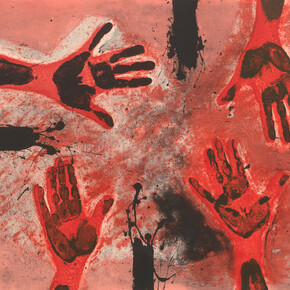 Rufino Tamayo, Manos En Rojo, 1979, color etching, edition of 99 + 15 AP, 22x29 3/4 inches, printed by Taller de Gráfica, Mexico, pPublished by Ediciones Polígrafa, Barcelona. Photo by Pierre Le Hors. Courtesy of Marlborough Graphics New York