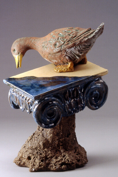Robert Arneson, Raft of the Quack Quack, 1991, glazed ceramic and concrete, 27x20x19 inches. © 2023 Estate of Robert Arneson / Licensed by Artists Rights Society (ARS), NY. Courtesy of Paul Thiebaud Gallery

 