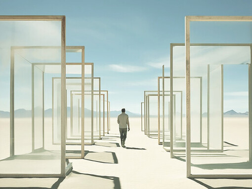 Discover surreal geometric shapes amidst the barren desert, delving into the realms of perception, perspective, and human senses with this evocative imagery