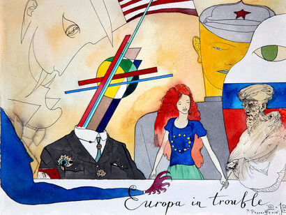 Pavel Pepperstein, Europe in Trouble, 2013, watercolour on paper, 32,5cm x 25 cm, Courtesy of Nahodka Arts Ltd, London
