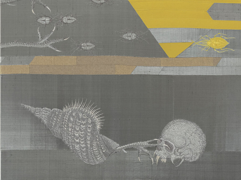 Angelo Filomeno, Still Life with Shell, 2013, ricamo e cristalli su seta applicata su lino, cm 198x99. Courtesy of Galleria Giovanni Bonelli 