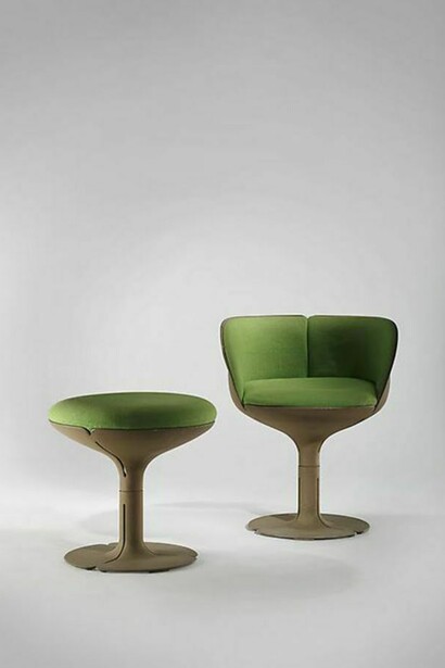 Pierre Paulin, Elysee Chair and Stool, 1973, Cast aluminum, fabric, 18.11 x 19.69 inches, 46 x 50 cm, Alpha International