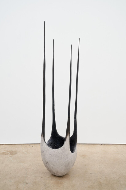 Ragini Bhow, Tree Walker, 2023. Wood, ritualistic ash, epoxy clay, aluminum, 66 x 12 x 13 inches (168 x 31 x 33 cm). Courtesy of François Ghebaly Gallery