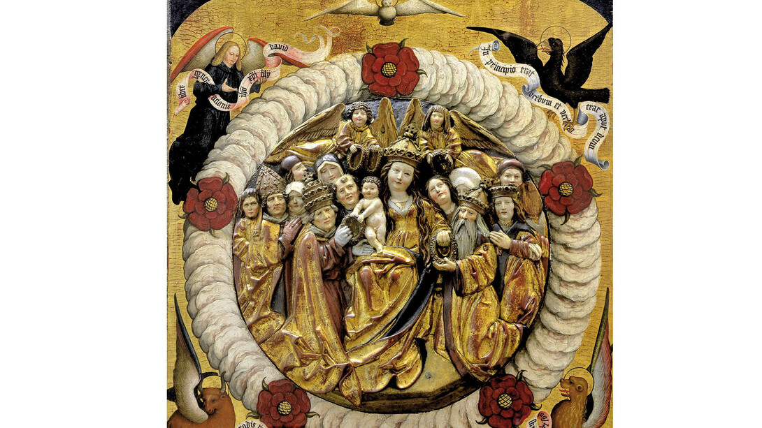 Le Couronnement de la vierge dit « la vierge du rosaire », Entourage de Daniel Mauch, vers 1510-1515, Panneau : bois peint (peuplier ?), Relief : bois polychromé, H. 67,5 ; L. 55 ; D. du relief 31,5 cm, Hambourg, Museum für Kunst und
Gewerbe, (inv. 1899.101) © Museum für Kunst und Gewerbe, Hambourg