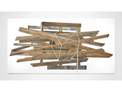 Michael Zelehoski, Hydra, 2015, Assemblage with repurposed wood, phenolic plywood and rope, 142 x 280 cm / 56 x 110 in.