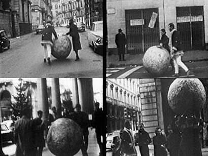 Michelangelo Pistoletto, Walking Sculpture, 1967
action, streets of Turin, December 1967–January 1968. Frames from the film Buongiorno Michelangelo (1968) by Ugo Nespolo. © Michelangelo Pistoletto; Courtesy of the artist and Luhring Augustine, New York