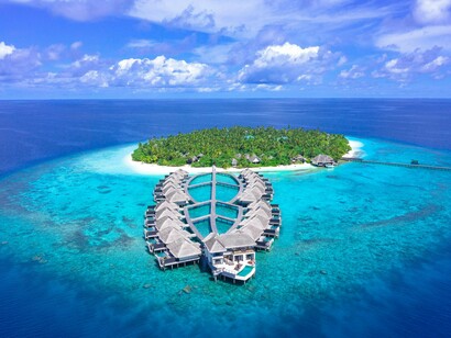 An aerial view of paradise across the Maldivian archipelago