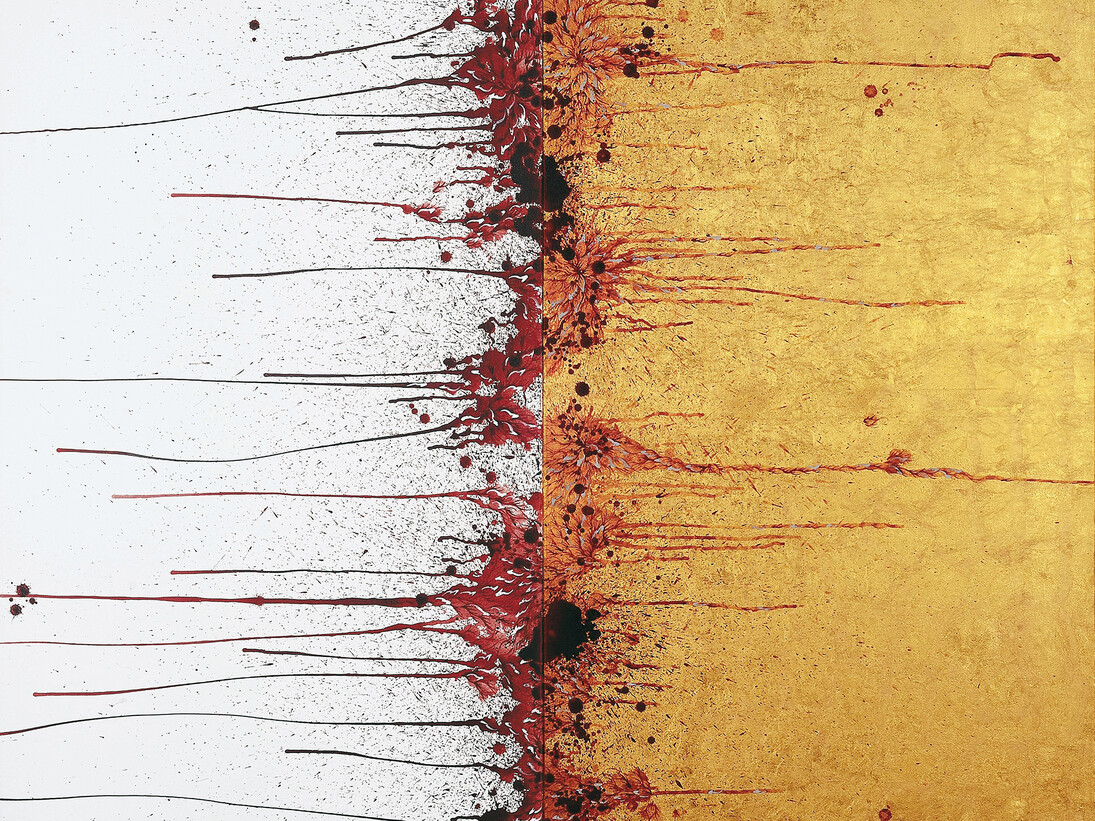 Imran Qureshi, Opening Word of This New Scripture, 2015, Acrylic paint and gold leaf on canvas, 152,4 x 182,9 cm (60 x 72 in), Each panel 152,4 x 91,4 cm (60 x 36 in), Courtesy Galerie Thaddaeus Ropac Paris/Salzburg. Photo: Usman Javed