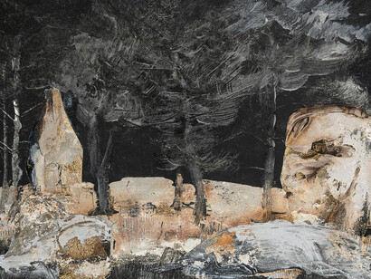 Pato Bosich, A Clearing In the Woods, 2018, oil paint, silver leaf, adhesive on printed paper, 18cm x 23cm