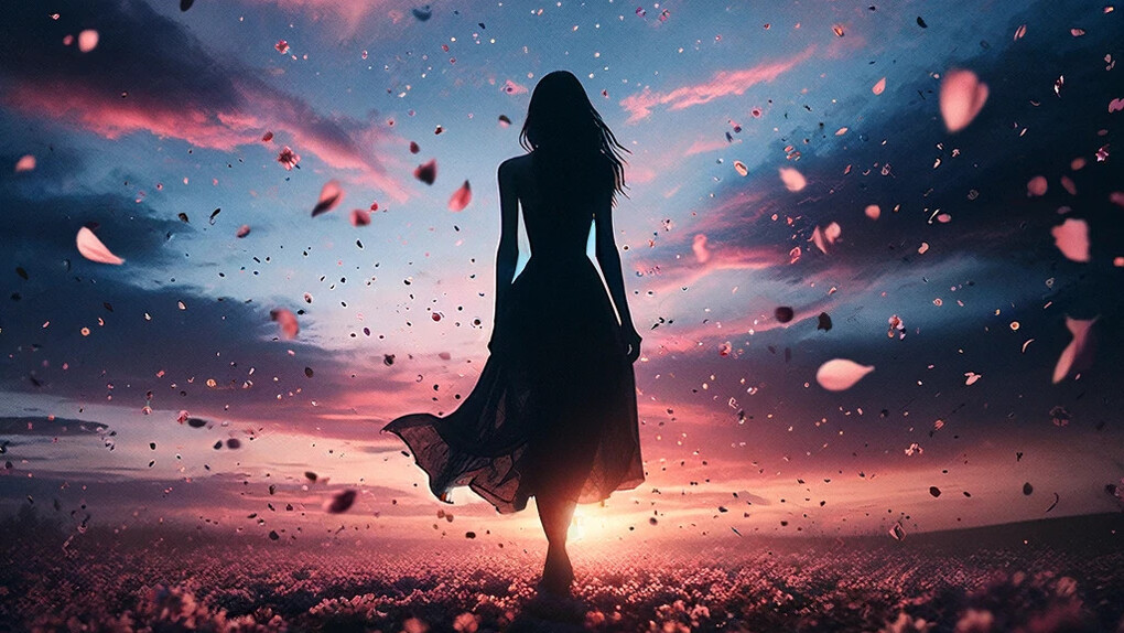 Sombra éterea de uma mulher some com o pôr do sol que mistura cores azuis e rosa no horizonte