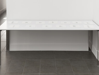 Keith J.Varadi,
Reading, Writing, 2015,
13 Poems on office table,
80 x 200 x 73.5 cm,
(in. 31 1⁄2x78 3⁄4x28 7⁄8)