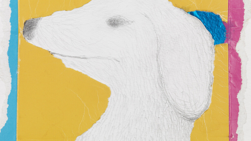 Colin Self, Craigie’s dog “Waynie” (Craigie Aitchison), 15/10/15, Mixed media collage and pencil, 18 x 21 cm