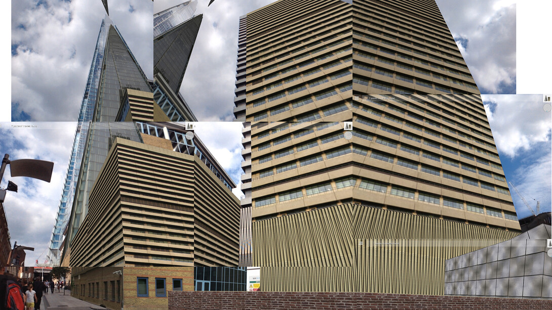 "Fractured Visions: Diffusions", Tamiko Thiel, Augmented Reality installation, 2014. This collage of screenshots captures the process of viewing the artwork over time as the facade of Guy's Tower spreads onto another building. King's College Guy's Campus, Great Maze Pond Road, by London Bridge at the base of The Shard