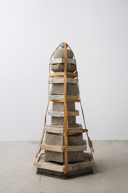 Zhao Zhao, Stupa 1 (Ming Dynasty) 2014, Stone, Wood, Steel, Cord strap, 85 x 39 x 39  in(216 x 99 x 99 cm). Courtesy of the artist and Chambers Fine Art