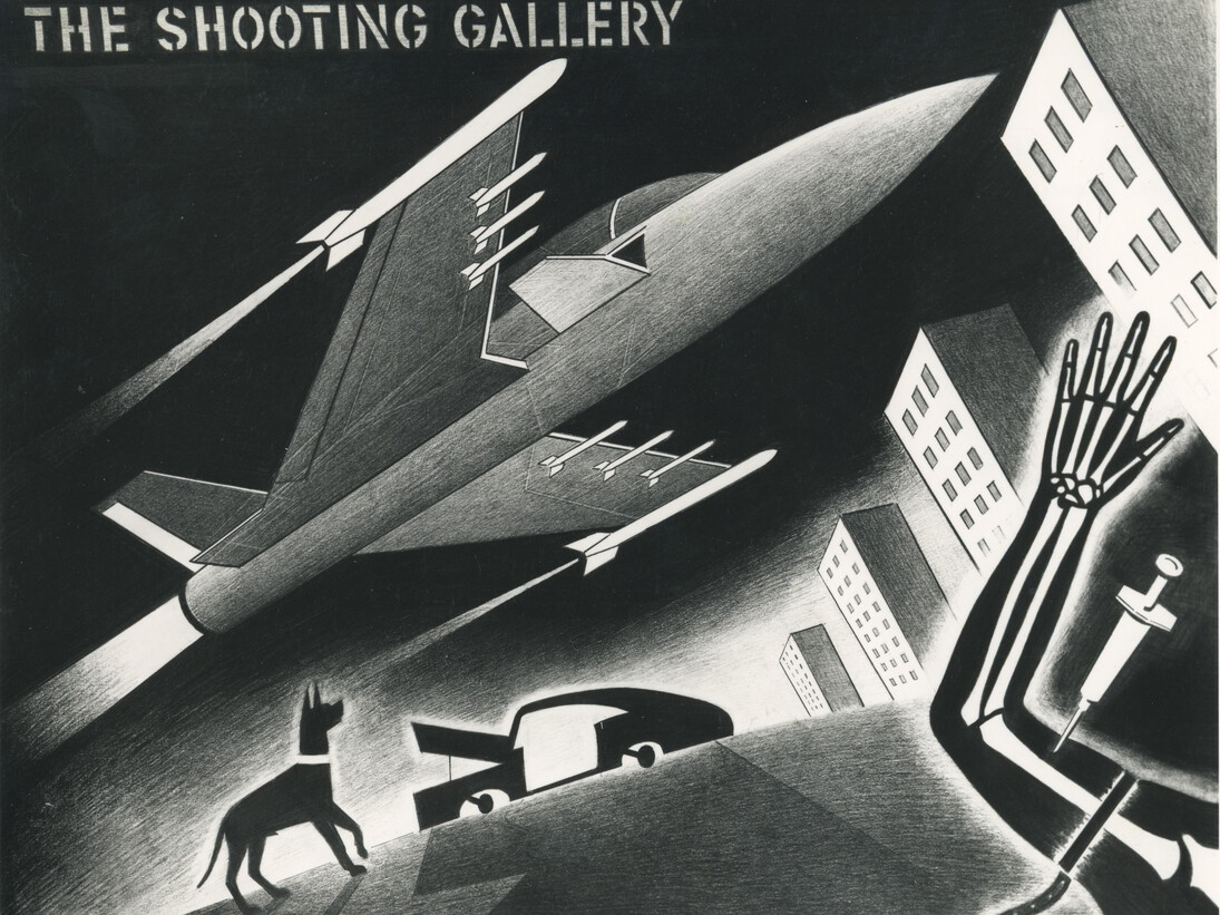 Anton van Dalen, The Shooting Gallery 1982, graphite on paper, 23 x 29 inches. Courtesy of the artist and P.P.O.W Gallery, New York