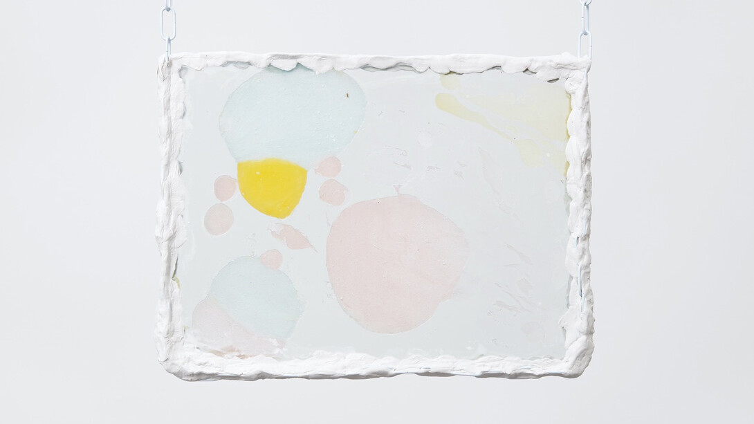 Karla Black, Unprepare, 2017, glass, vaseline, paint, metal chain, clay, 33 x 42 x 3 cm, 13 x 16 1/2 x 1 1/8 ins, courtesy the artist & Stuart Shave/Modern Art, London

