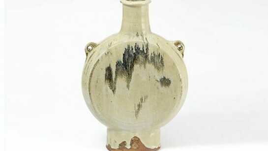 Jim Malone, Pilgrim Bottle, Olive nuka glaze with temoku pours