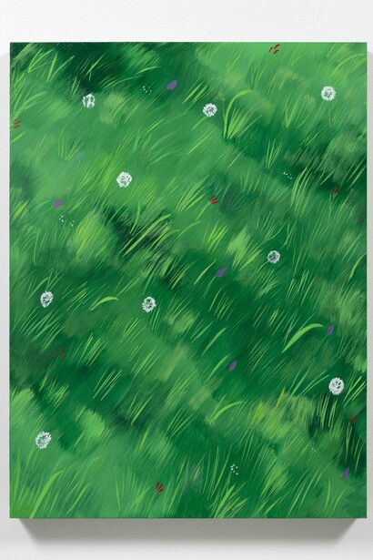Jon Key,
Dandelions In The Grass, 2024,
Oil on panel,
40 x 30 inches (101.6 x 76.2 cm). Courtesy of the artist and Steve Turner Gallery