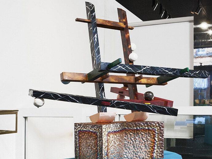 Coco Crampton, Bower, 2016, wood, mdf, glazed ceramic, copper, oil paint, 176 x 120 x 92 cm.  Courtesy of Belmacz Gallery 