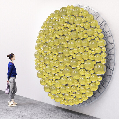 Olafur Eliasson.-Dew Reflector 2019.Partially silvered glass spheres paint black yellow stainless steel ©Studio Olafur Eliasson. Courtesy the artist and neugerriemschneider Berlin