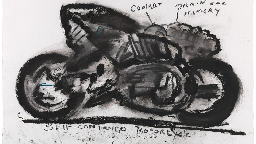 John Scott, Self-Controlled Motorcycle, 2014, Mixed media on paper, 96.5 x 127 cm, 38 x 50 in, (AFG 53531)
(Paintings, Drawings and Pastels), Courtesy of the artist and Flowers Gallery, London/New York
