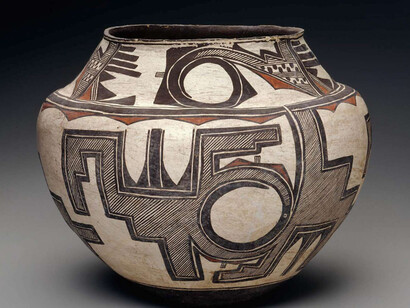Olla (water jar), Zuni Pueblo, New Mexico, about 1880. Earthenware with red, brown, and black slip paint. Everett Fund.