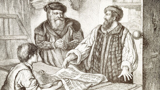 Grabado de Johannes Gutenberg y la imprenta de tipos móviles