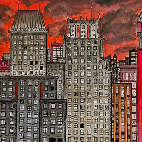 Marina Marchand, Crimson City, 2023, Watercolor, gouache, acrylic and ink on aquaboard, 9 × 12 in | 22.9 × 30.5 cm. Courtesy of Fountain House Gallery 