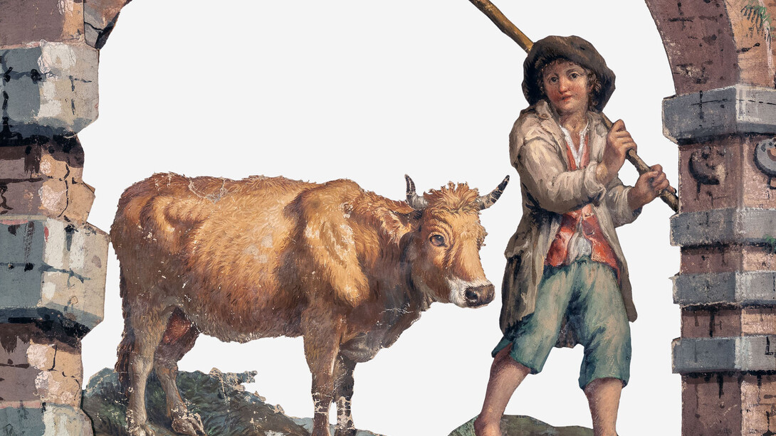 Francesco Londonio, Presepe, Contadinello con mucca in un arco, cm. 55 x 59