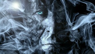 A face shrouded in smoke, showing a hint of human suffering and vulnerability