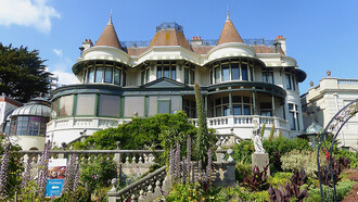 The frontage of the Russell-Cotes Art Gallery and Museum in Bournemouth, Dorset, Britain