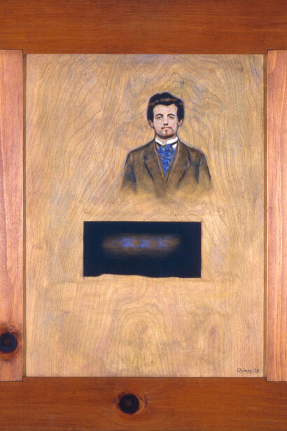 Thomas Chimes (1921–2009), Alfred Jarry (Departure from the Present), 1973, oil on panel. The Robert J. and Linda Klieger Stillman Pataphysics Collection. Courtesy of Locks Gallery.