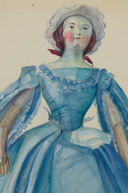 "Muñeca de moda", acuarela y grafito sobre papel, Mina Lowry, 1936