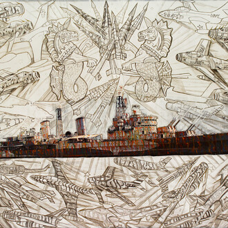 Hew Locke, HMS Belfast, 2012, painted photograph, 127 x 188 cm © the artist, photograph by Charles Robinson