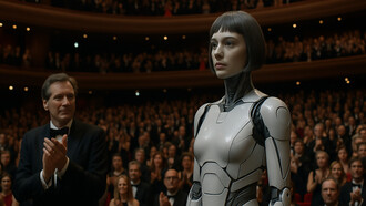 A humanoid AI stands center stage at a prestigious film festival, receiving a standing ovation from an elegantly dressed audience—marking a historic moment in cinema where artificial intelligence takes the spotlight