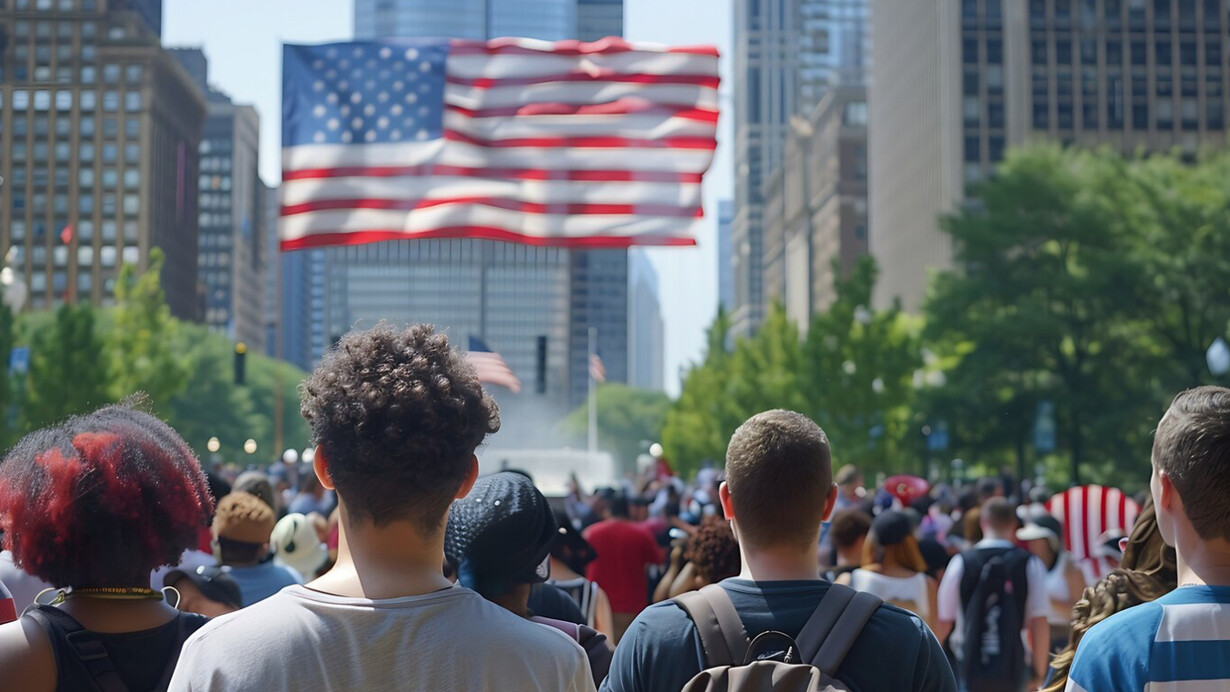 Citizens gather beneath an American waving flag, an emblem of unity and freedom