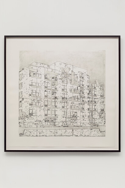 Marc Ganzglass, Building #1, 2014, Etching on Arches En-Tout-Cas, 44 x 44 inches, Edition of 5