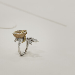 Chris Evans, Clerk of Mind, detail of A Needle Walks into a Haystack, 2014. Platinum and yellow gold ring with diamonds, sapphires and heliodor (‘Flowergirl’) commissioned from Boodles responding to Liverpool Biennial’s press release as a brief; jesmonite tablet, rosewood and powder-coated steel vitrine. Commissioned by Liverpool Biennial 2014, Courtesy of the artist and Boodles. Project Arts Centre, Dublin (2014)