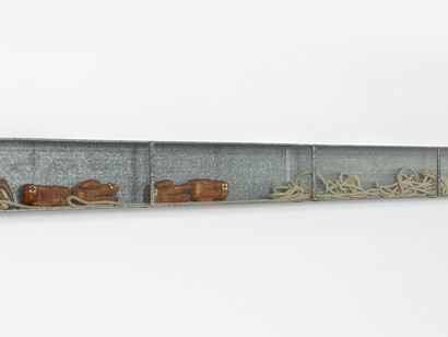 Joseph Beuys, Boxkampf für die direkte, Demokratie, 1972, Mixed media in tin and glass vitrine, 40 x 515 x 30.5 cm. Courtesy of Waddington Custot
 