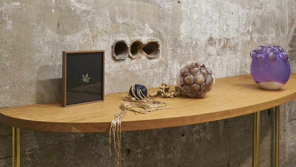 Kelly Akashi, An Archive from Two Perspectives, 2017, detail, SculptureCenter, New York 2017. Cherry wood, brass, glass, two walnut framed ortho litho film prints, bronze, rope, copper foil. Dimensions variable. Courtesy the artist and Ghebaly Gallery, Los Angeles. Photo: Kyle Knodell


